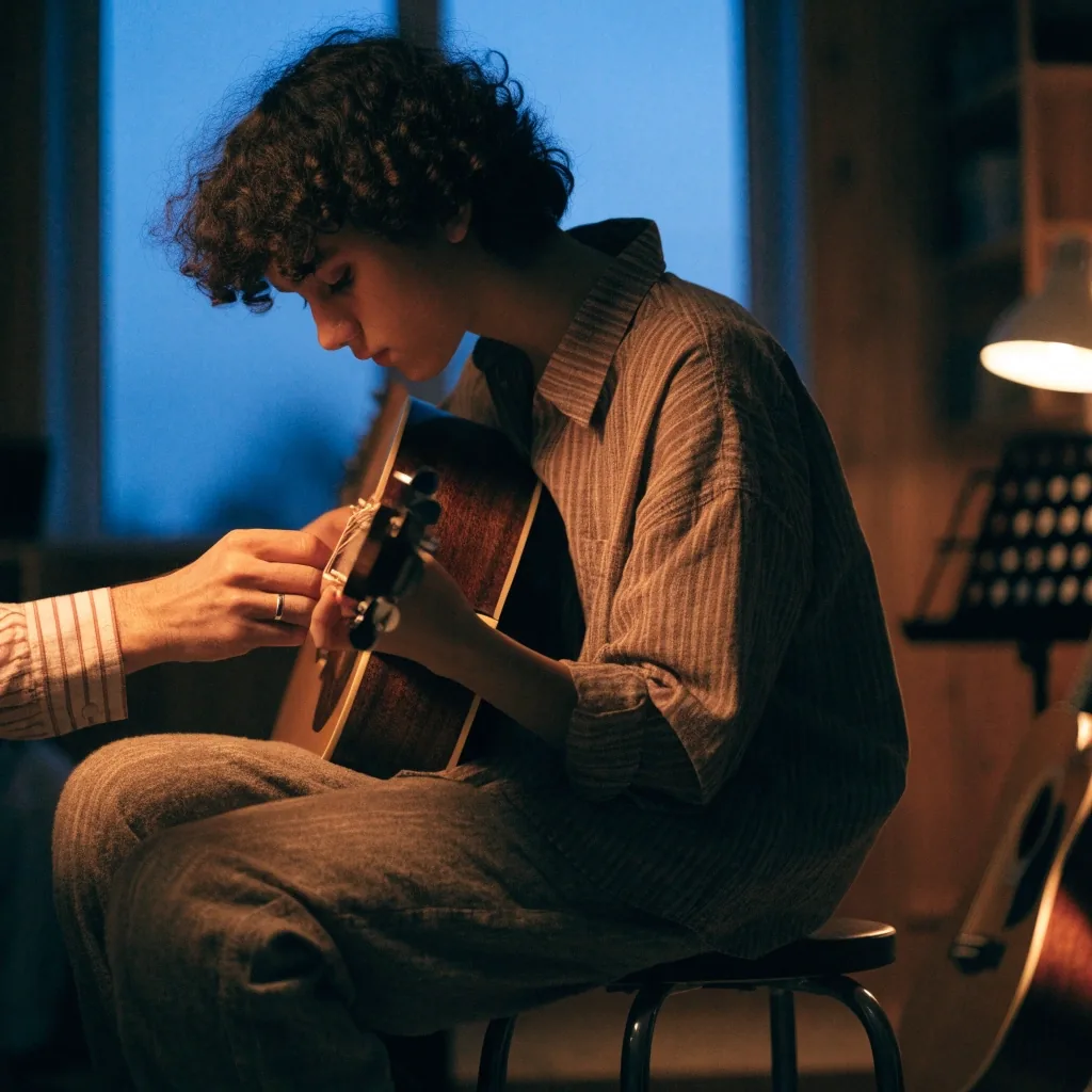 A lit teaching room seen through a half-open door at dusk with a guitar in silhouette