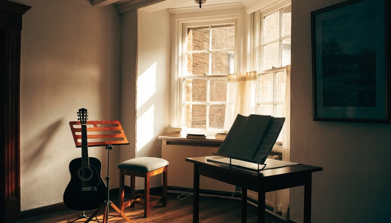 A guitar teaching room with an acoustic guitar on a stand beside a stool in afternoon window light