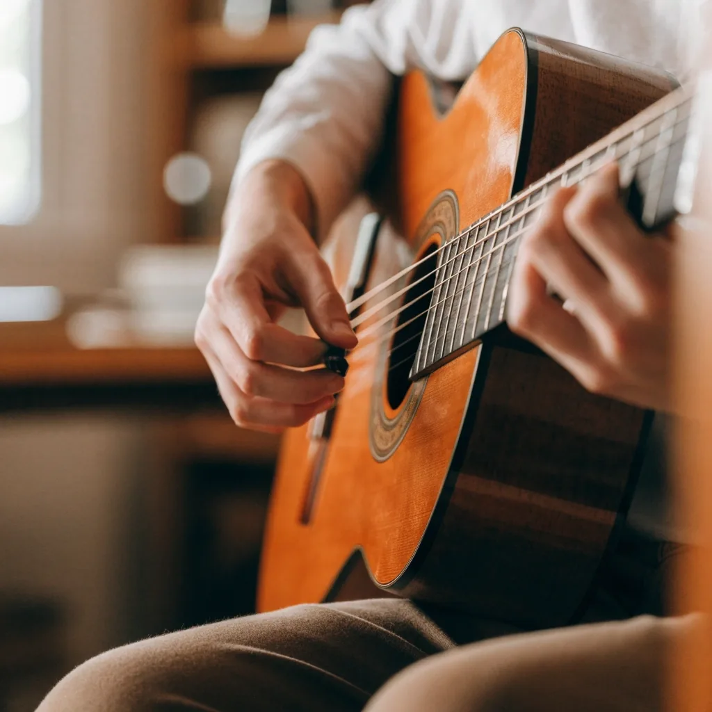Close view of a student's hands fretting a chord on an electric guitar