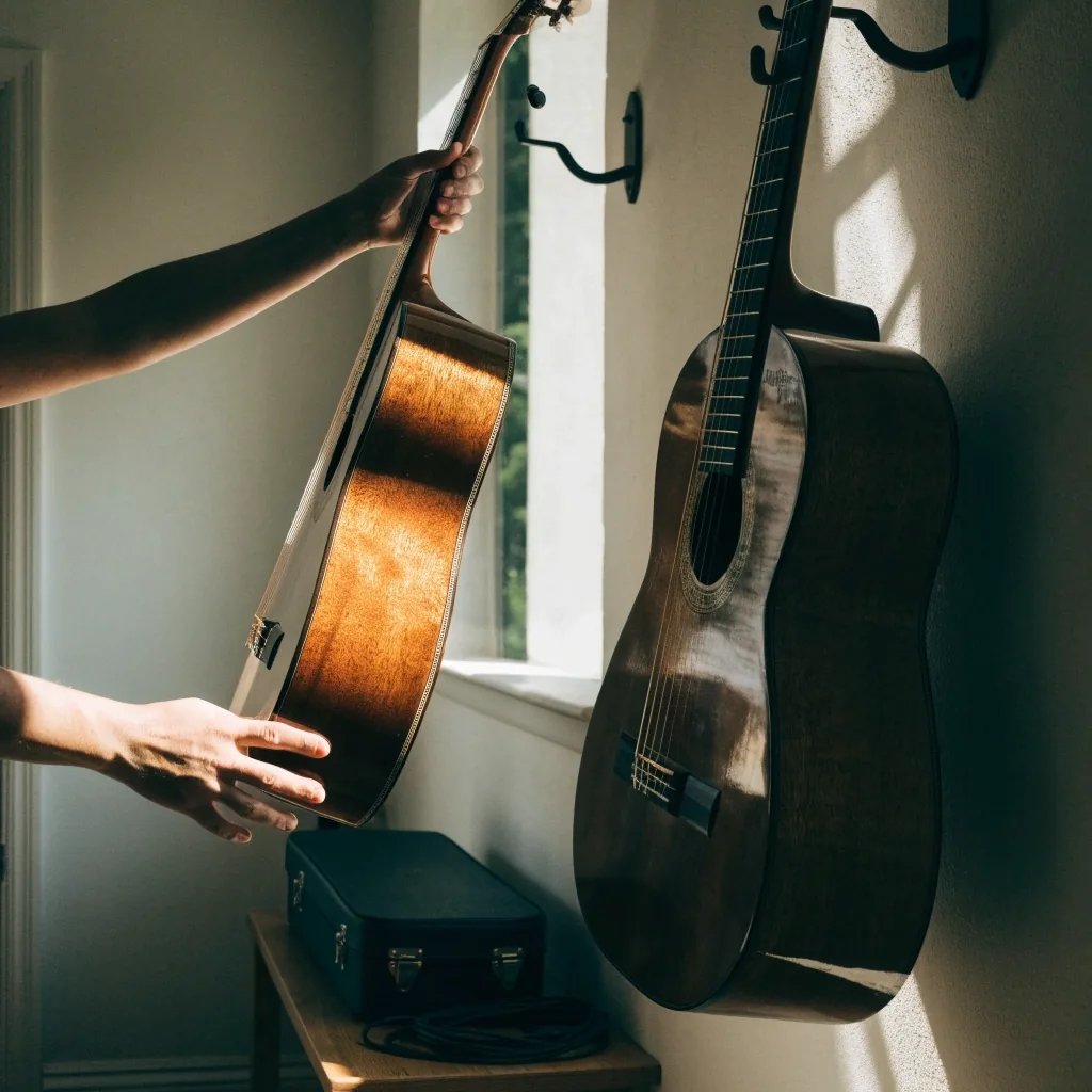 Two guitars hanging above a bench in a compact teaching studio corner