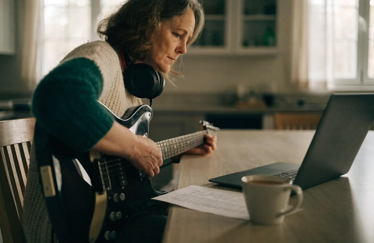 A learner playing guitar to an online lesson at a home kitchen table