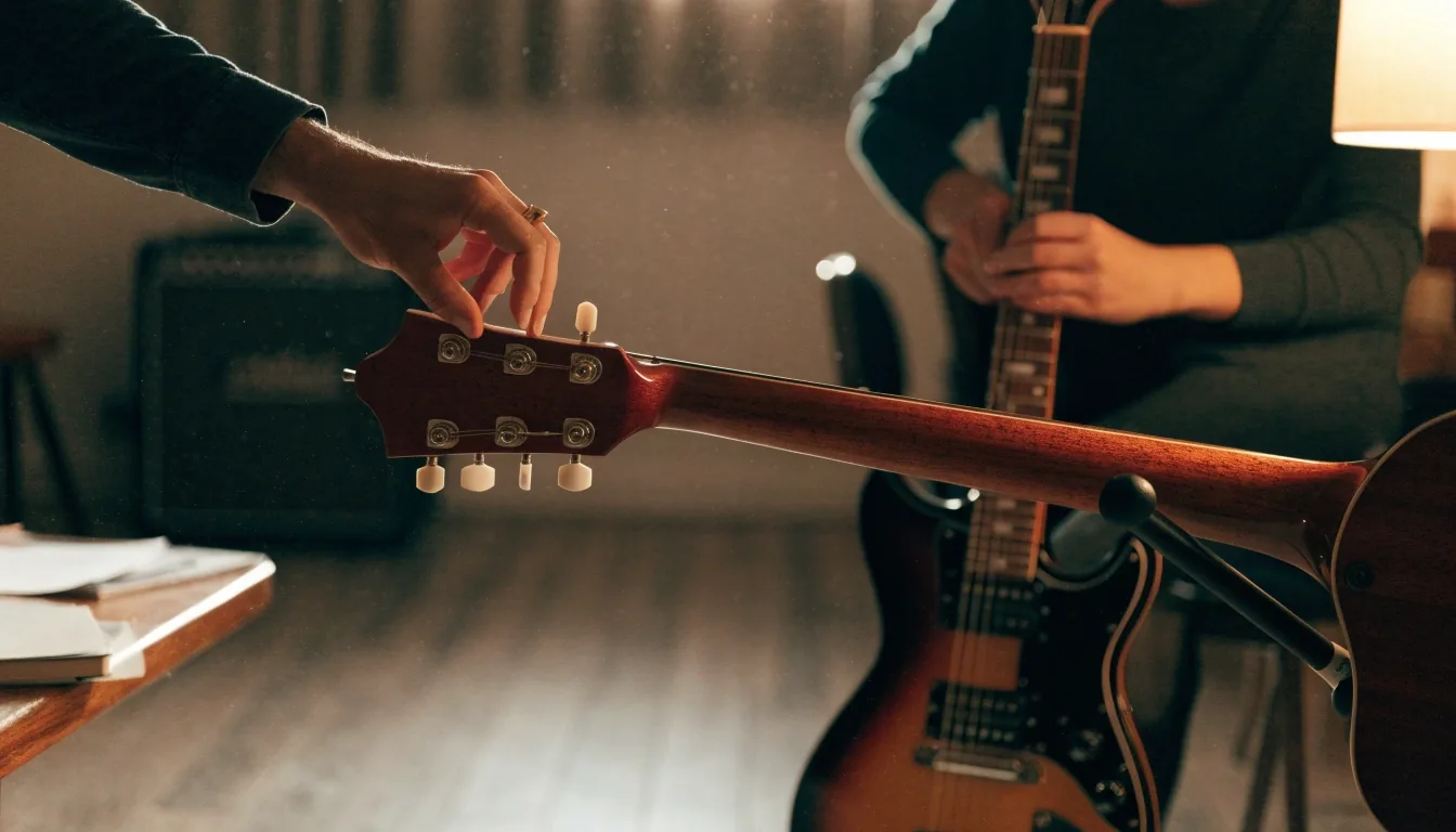 A quiet guitar teaching room at dusk with an acoustic guitar on a stand