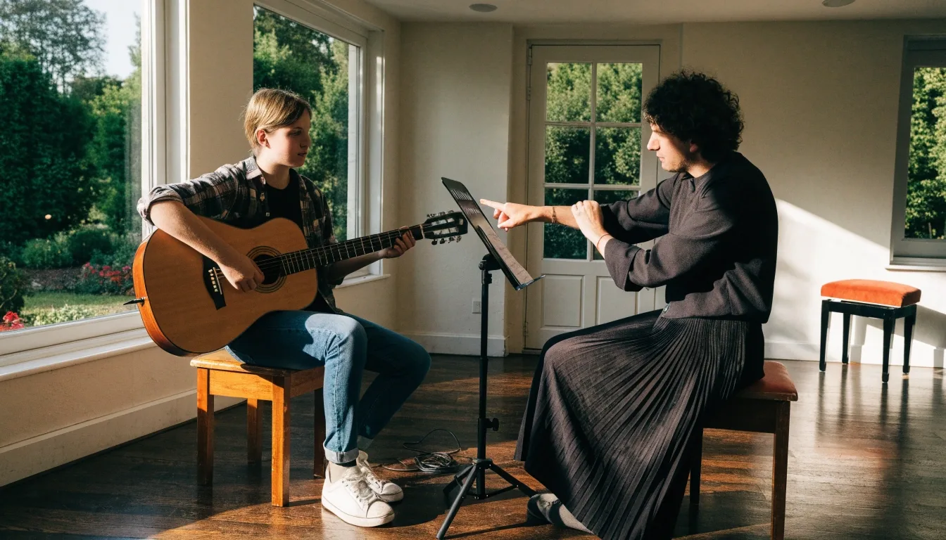 A learner practising an acoustic guitar with a tutor in a bright UK practice room