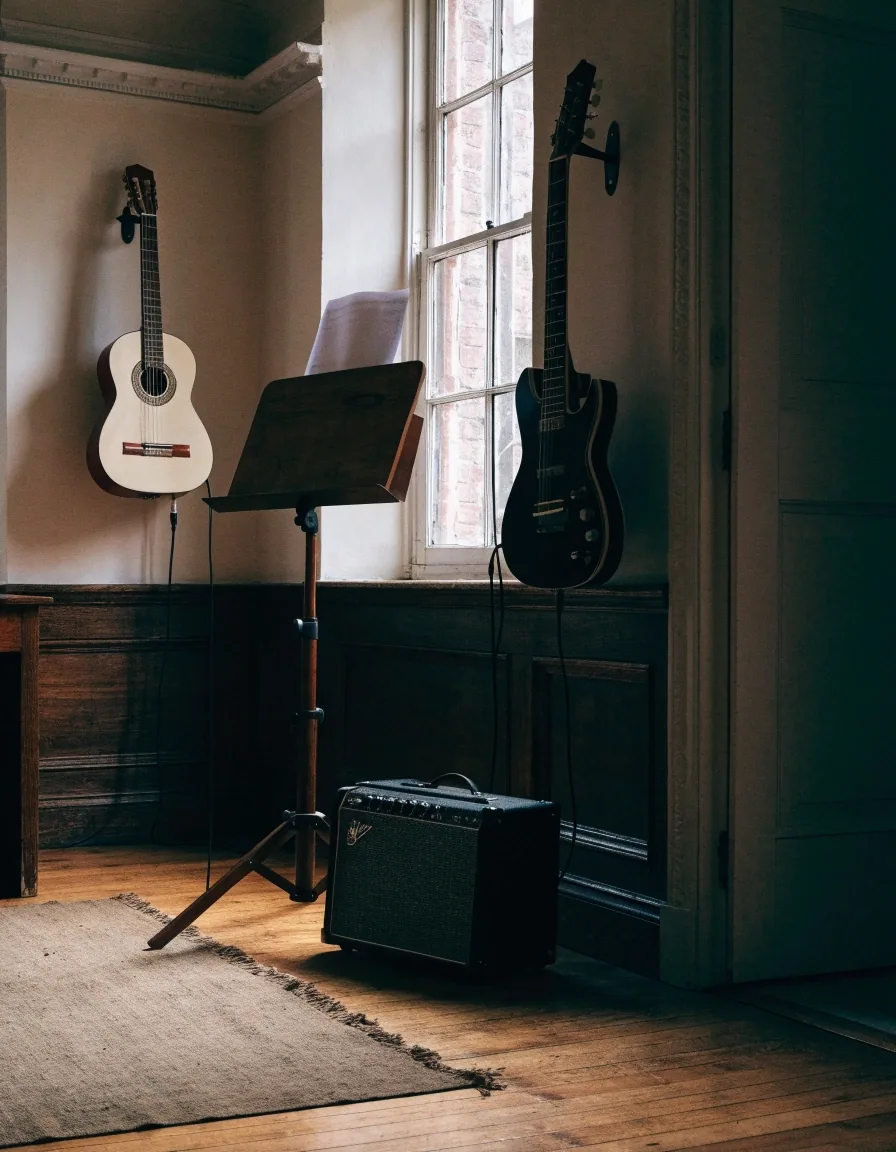 A guitar tutor's teaching room with guitars on wall hangers and an amplifier on the floor