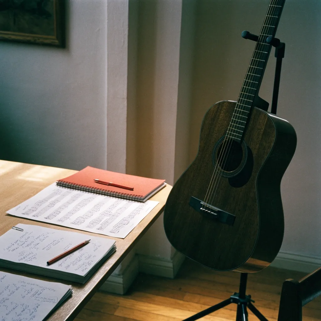 A quiet studio corner with an acoustic guitar on a stand and practice notes on a low table