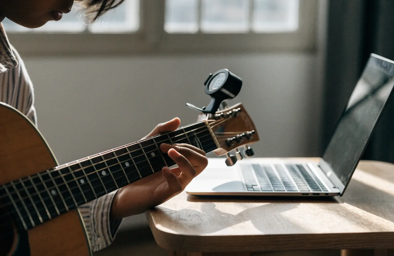 Learner's hands on a guitar fretboard beside a laptop set up for an online lesson
