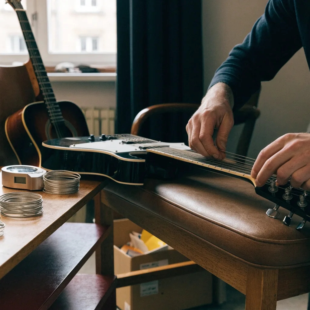 A classical guitar body on a studio workbench while its edge is cleaned before a lesson