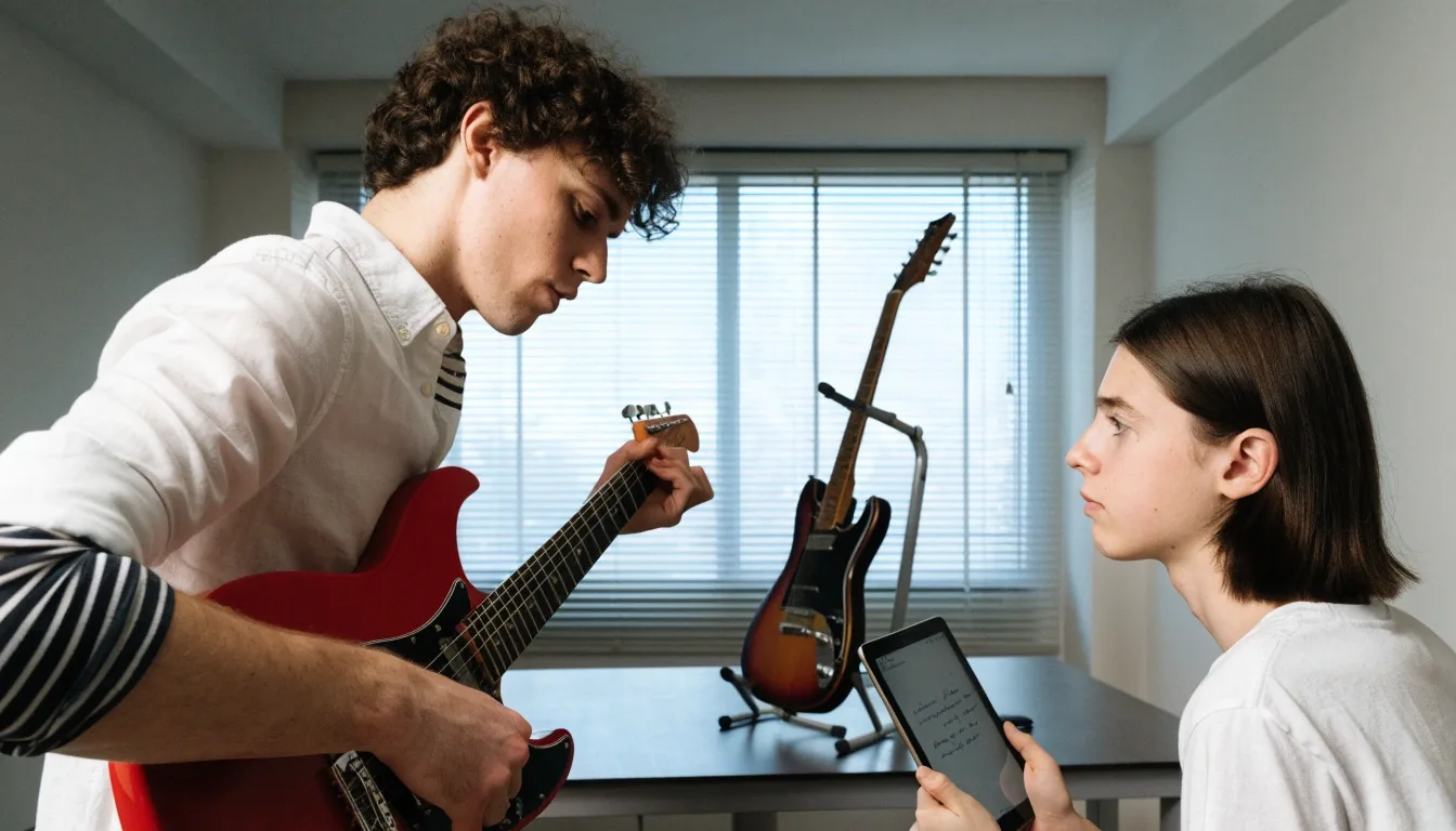A tutor and student going through a practice plan at a table in a teaching studio