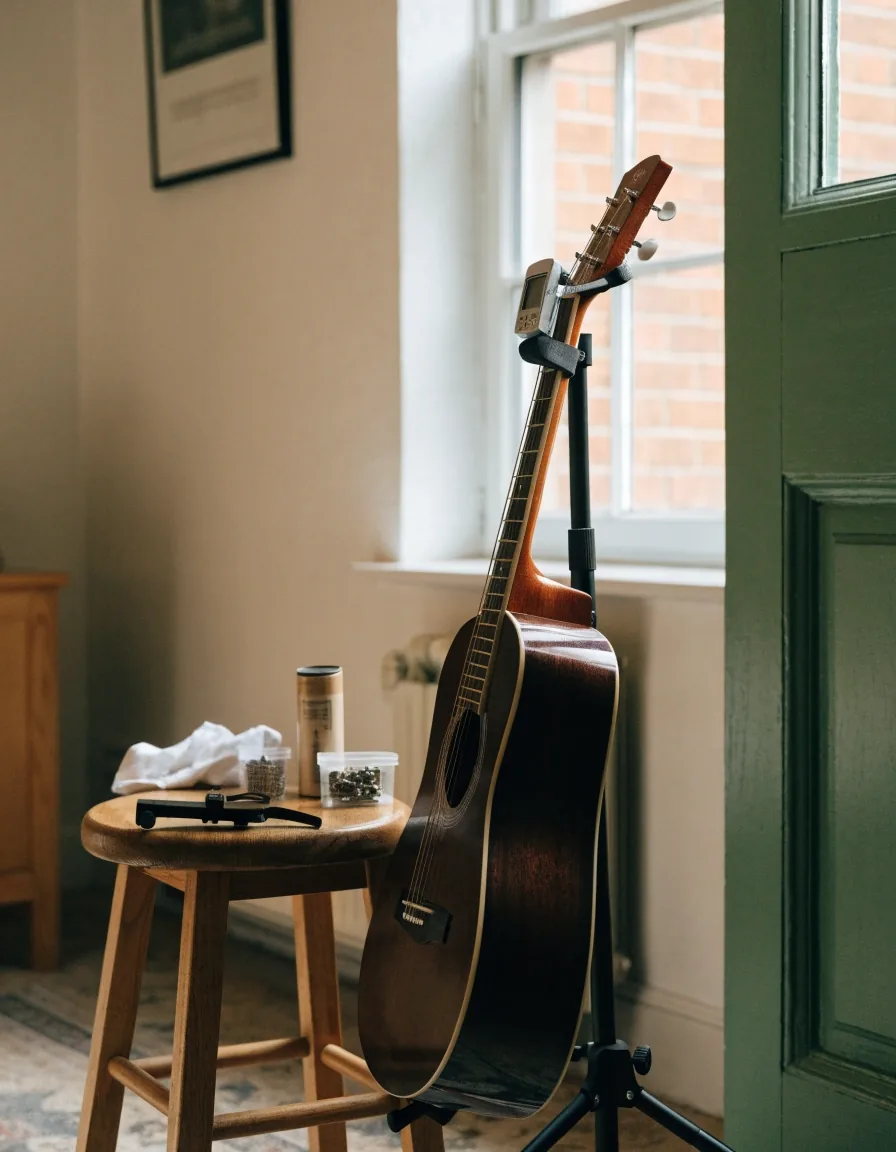 Clip-on tuner, capo and spare strings laid out beside an acoustic guitar in a teaching studio