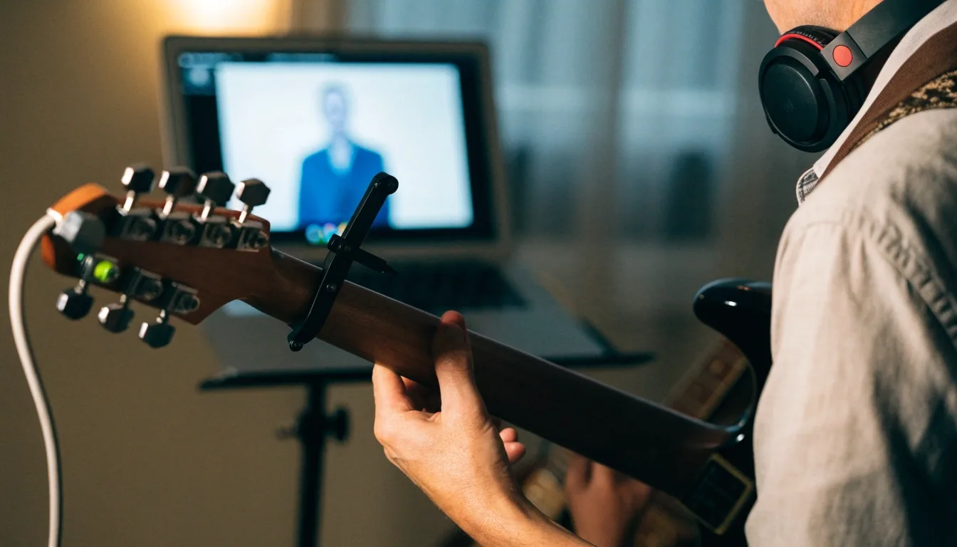 Hands on an electric guitar during a live online guitar lesson, with headphones and a headstock tuner nearby