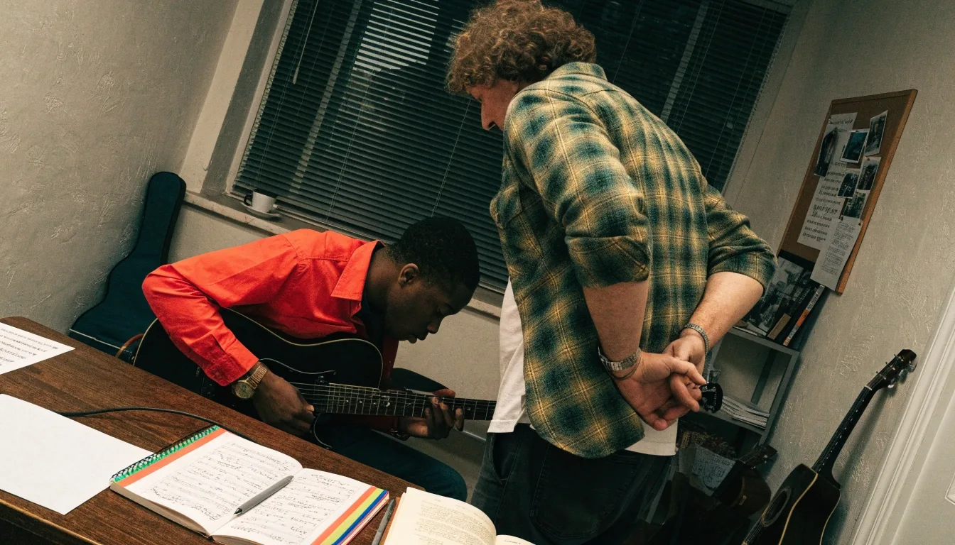 A learner taking an online guitar lesson from a home desk with headphones on