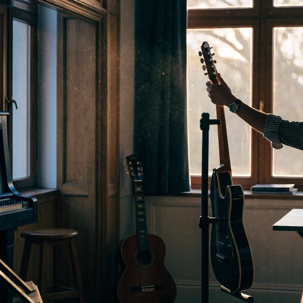 A quiet teaching room at the end of the day with two guitars on stands in the evening light