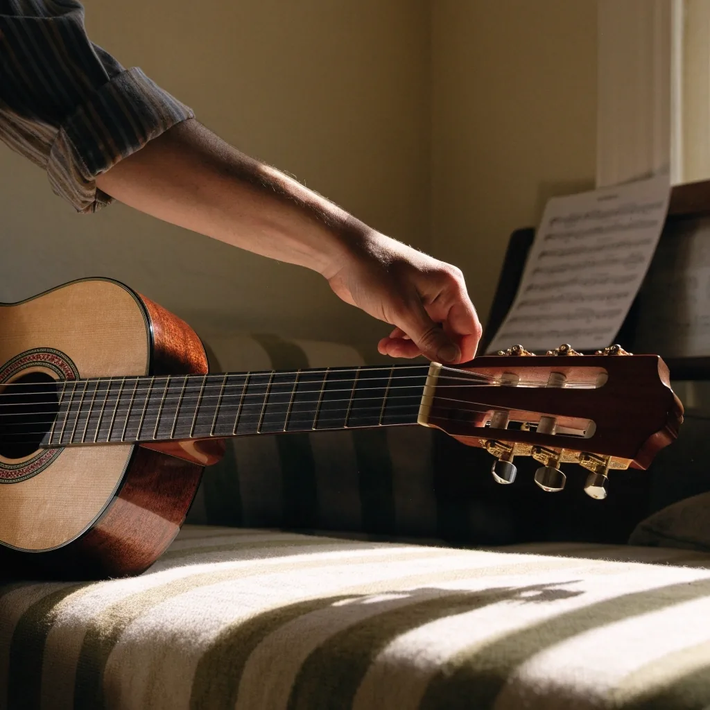 A home practice corner with an acoustic guitar on a stand beside an armchair and a music stand