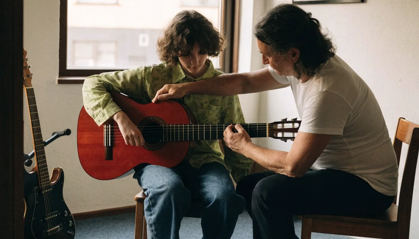 A tutor pointing something out on a learner's guitar neck during a lesson conversation
