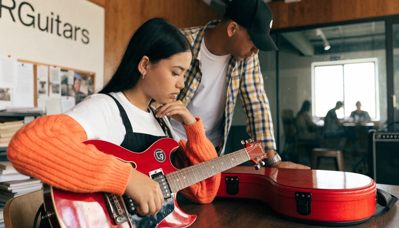 A learner practising chord changes at home with a metronome on a table nearby