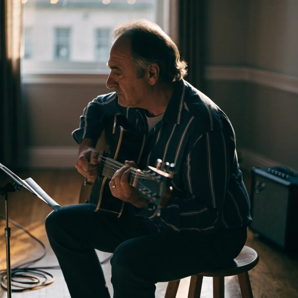 An adult learner playing an electric guitar at home in the afternoon light