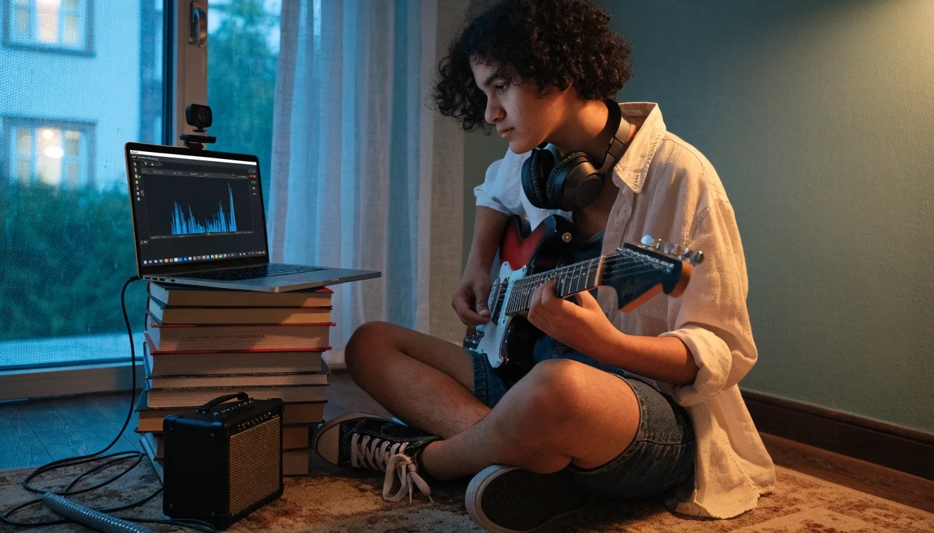 A learner playing electric guitar toward a laptop during a live online lesson at home