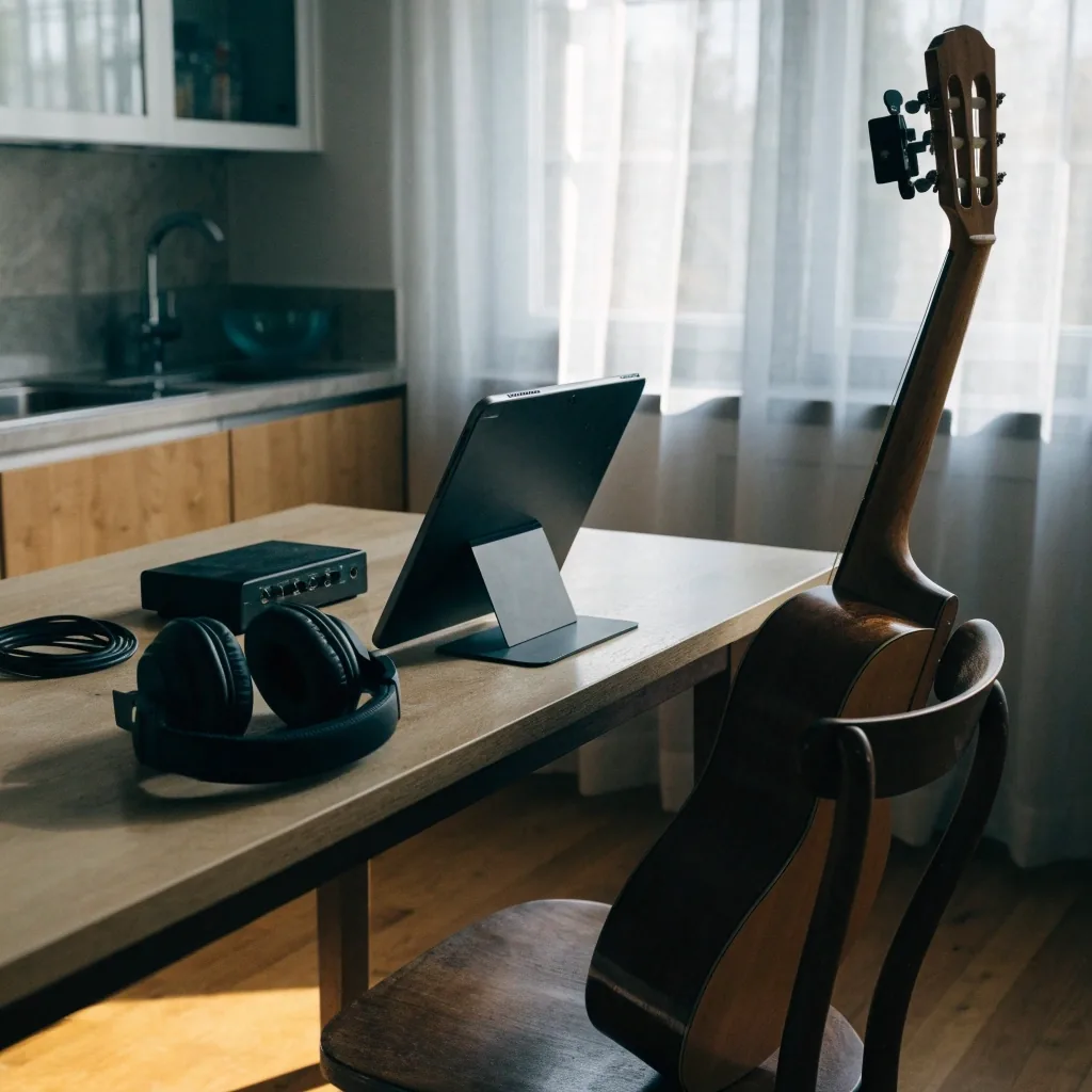 A home desk set up with a guitar, tuner, audio interface and headphones for online lessons