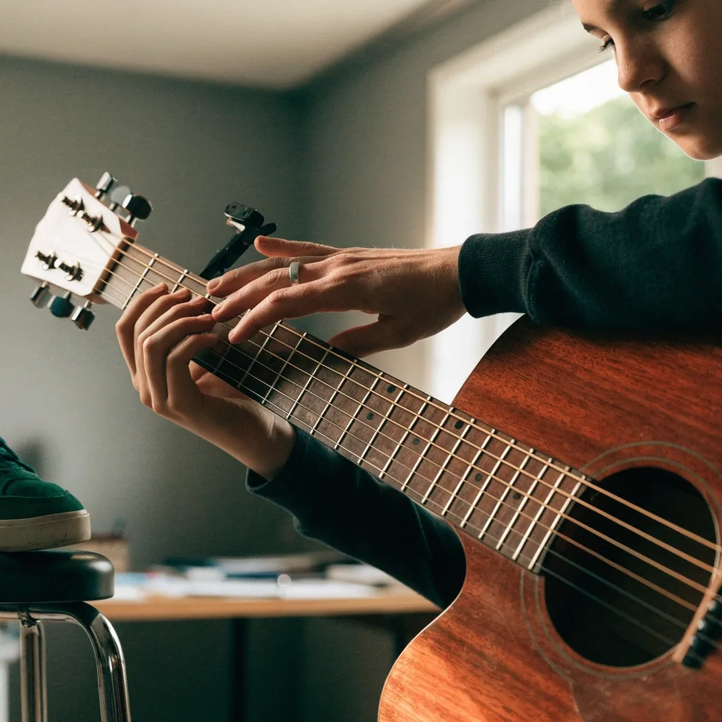 A tutor guiding a student's fretting wrist during a studio lesson
