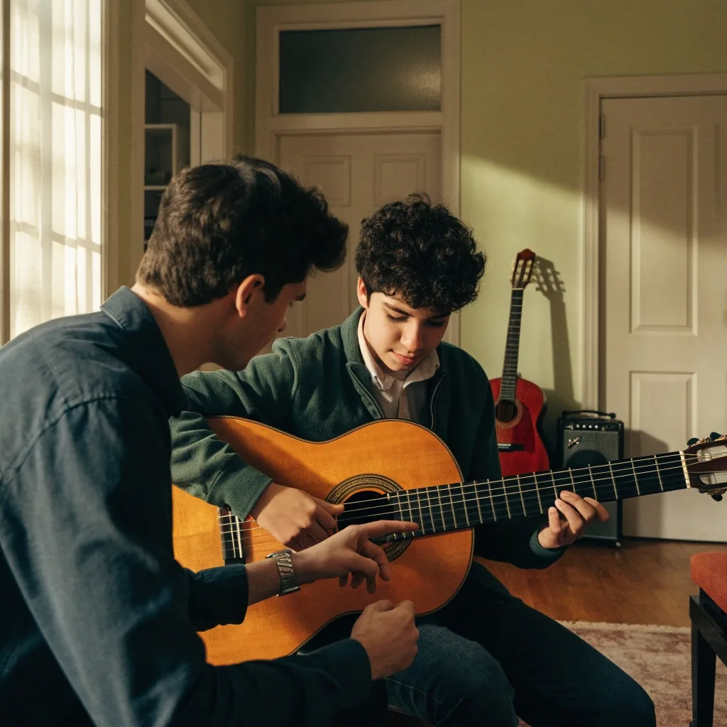 A tutor and a student working through a chord shape on acoustic guitars in the studio