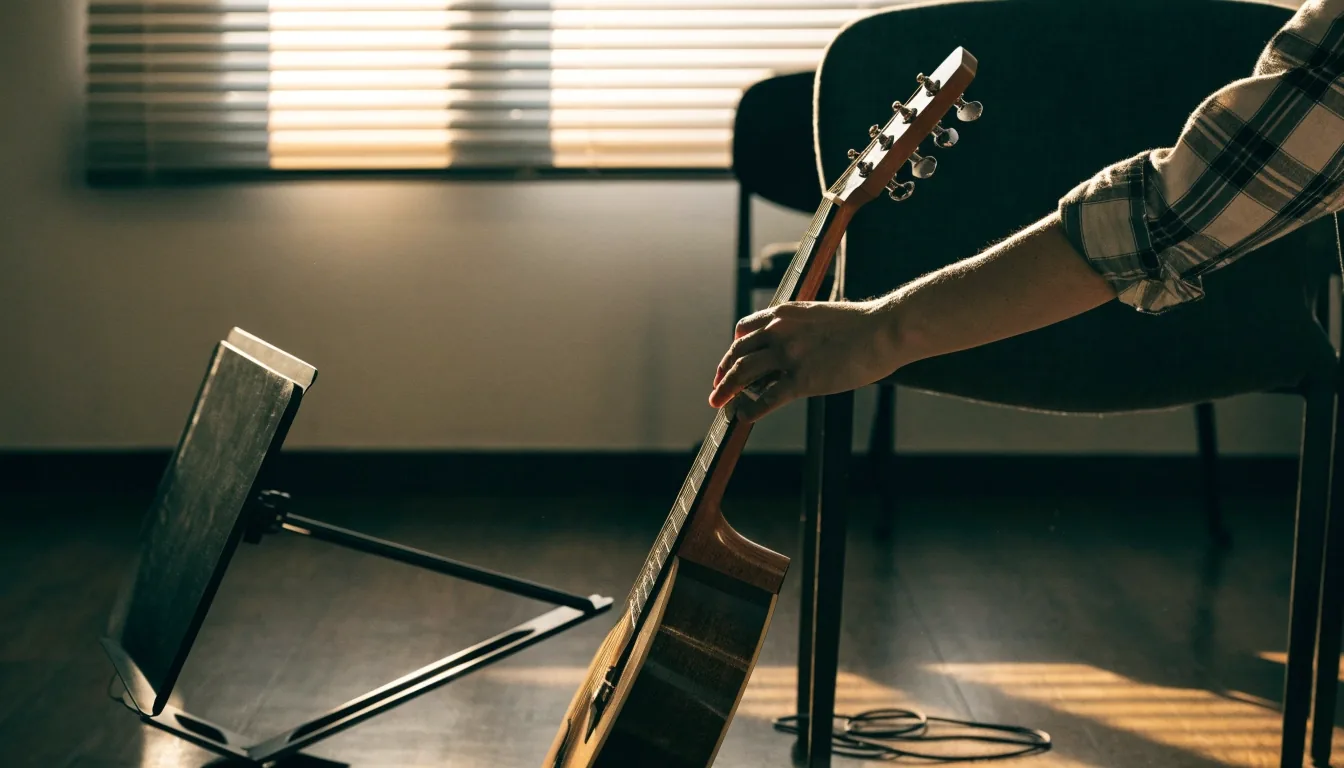 A guitar on a stand beside an empty lesson chair in the studio at the end of the day
