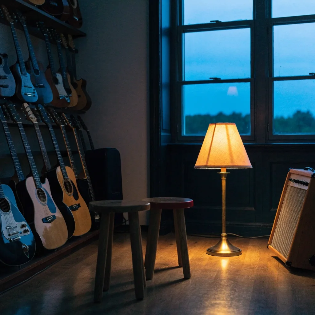 A quiet guitar teaching room at dusk with stools and a rack of guitars
