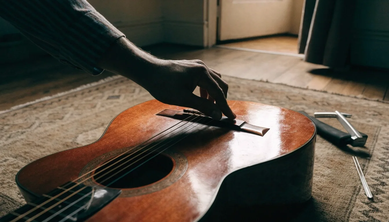 An acoustic guitar resting on a wooden studio floor beside a music stand