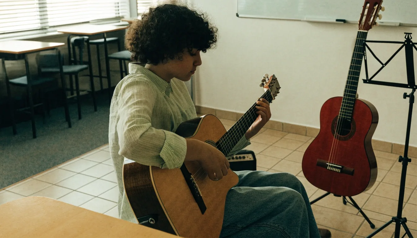 Acoustic and classical guitars in a teaching room during a lesson