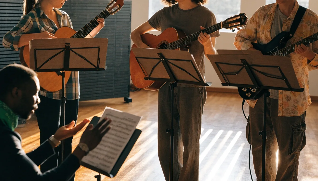 Adult learners with guitars in a group teaching studio
