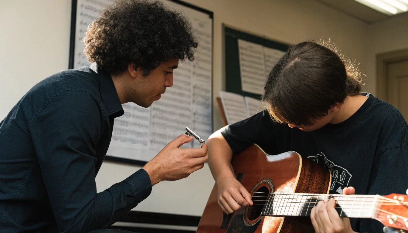 Adult learner working on a barre chord during practice