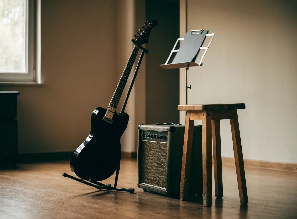 Electric guitar on a stand beside an amplifier and a teaching stool in a quiet studio room