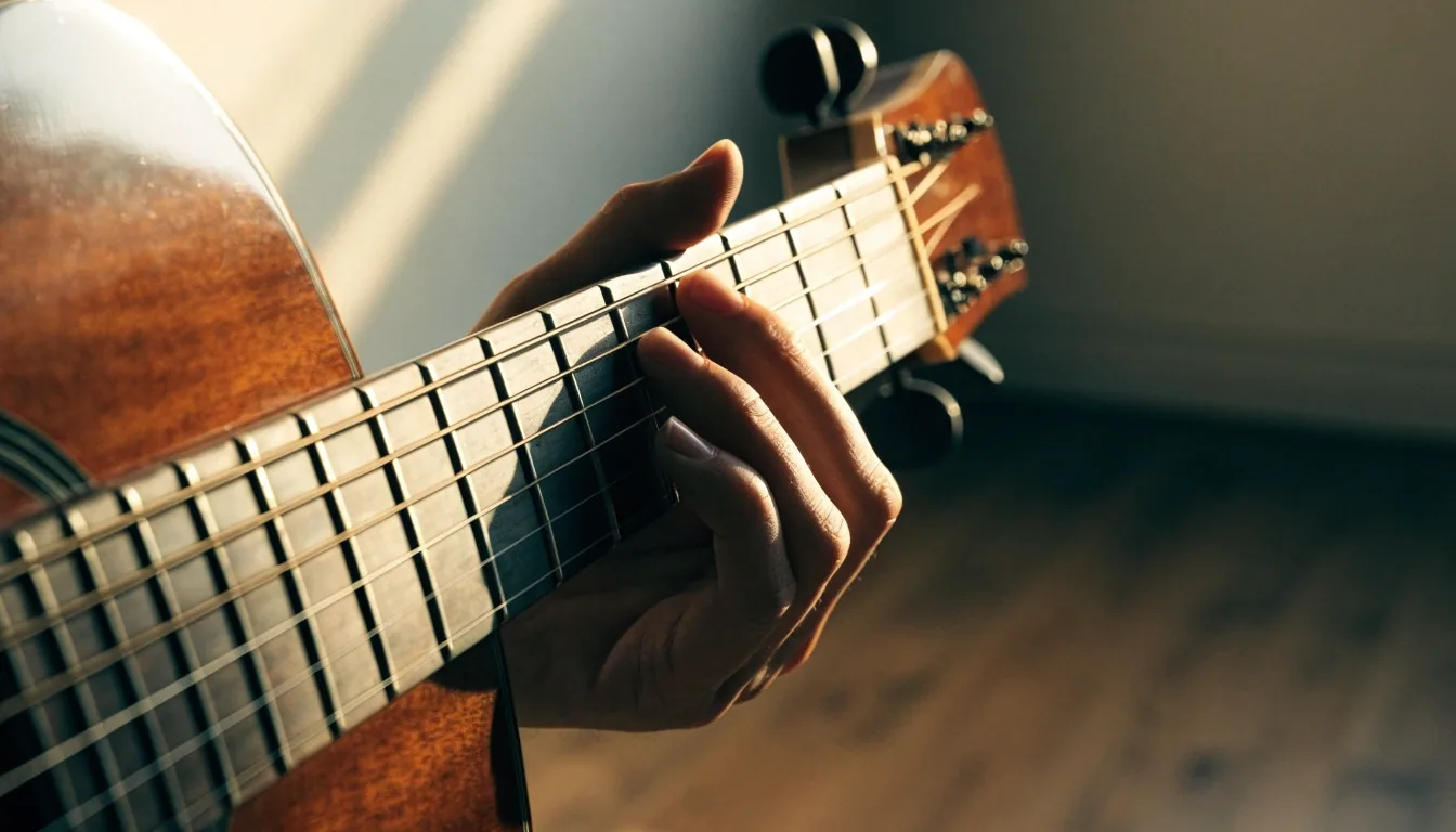 Hands holding a classical guitar in a sunlit practice room